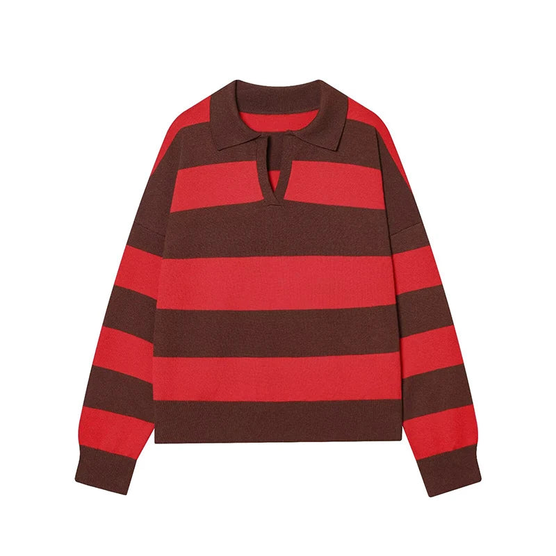 Autumn Women's 2026 New Knitted Striped Sweater Polo Neck Pullover Autumn Fashion Loose Elegant Warm Young Women Sweater Street