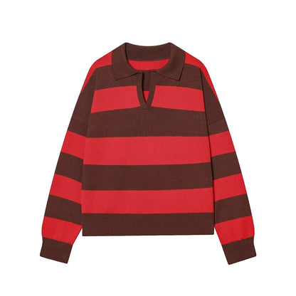Autumn Women's 2026 New Knitted Striped Sweater Polo Neck Pullover Autumn Fashion Loose Elegant Warm Young Women Sweater Street