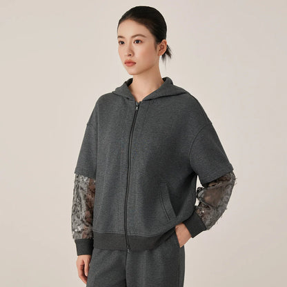 Women's Casual Zip-Up Hoodie with Sheer Sequin Sleeves Cotton Blend Comfortable Fashionable Streetwear