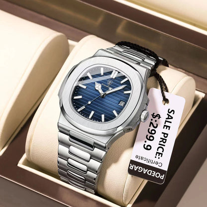 POEDAGAR Fashion Square Quartz Man Clock Waterproof Luminous Date Stainless Steel Watches For Men Luxury Business Men Wristwatch