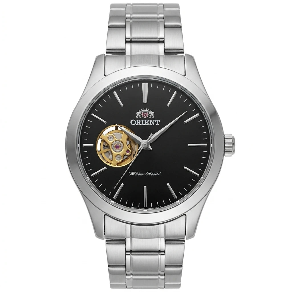 Orient Men Open Heart Skeleton Automatic Watch Luminous Two-tone Stainless Steel Business Dress Wristwatch