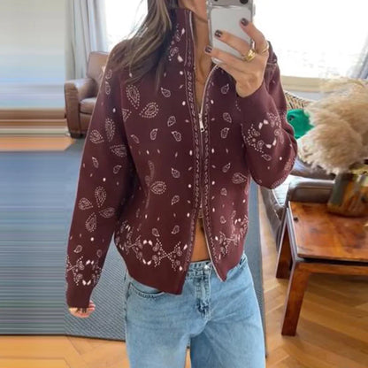 Fashion Knit Printed Sweater Women's Stand Collar Long Sleeve Zippers Vintage Style Cardigan 2026 Autumn New Lady Casual Top ﻿