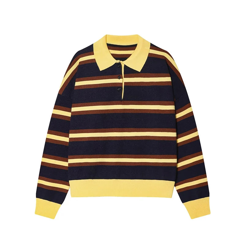 Autumn Women's 2026 New Knitted Striped Sweater Polo Neck Pullover Autumn Fashion Loose Elegant Warm Young Women Sweater Street