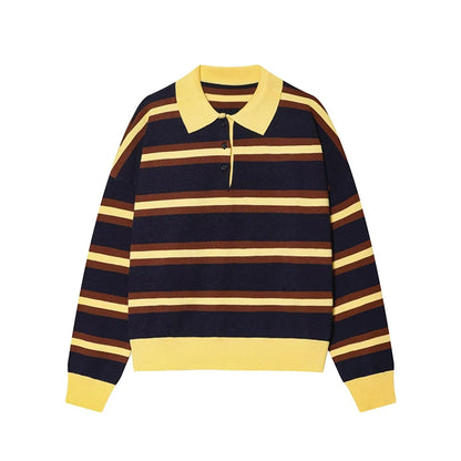 Autumn Women's 2026 New Knitted Striped Sweater Polo Neck Pullover Autumn Fashion Loose Elegant Warm Young Women Sweater Street