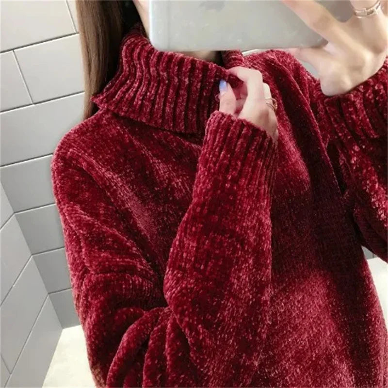 Chenille Turtleneck Sweater Women's Autumn Winter 2026 New Loose Elastic Thick Knitted Sweaters Solid Female Warm Base Shirt