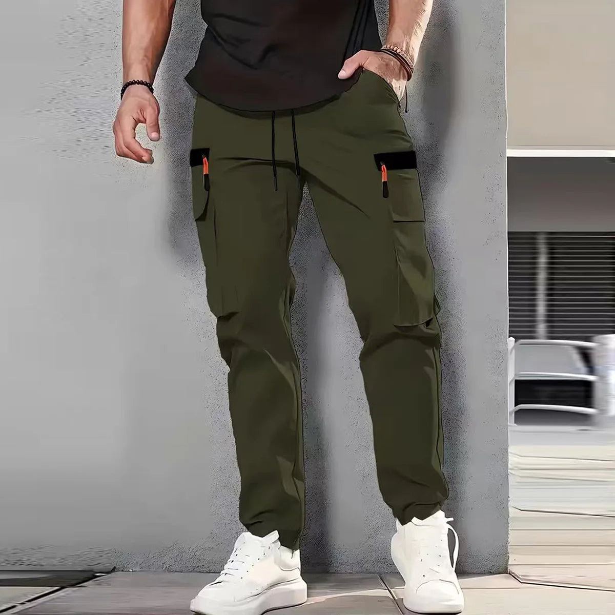 Men's Spring/Summer New Multi-pocket Quick-dry Straight-leg Cargo Pants, Waterproof Fabric with Drawstring Design