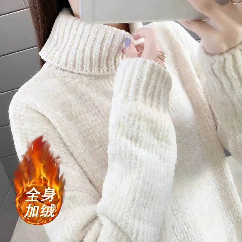 Chenille Turtleneck Sweater Women's Autumn Winter 2026 New Loose Elastic Thick Knitted Sweaters Solid Female Warm Base Shirt