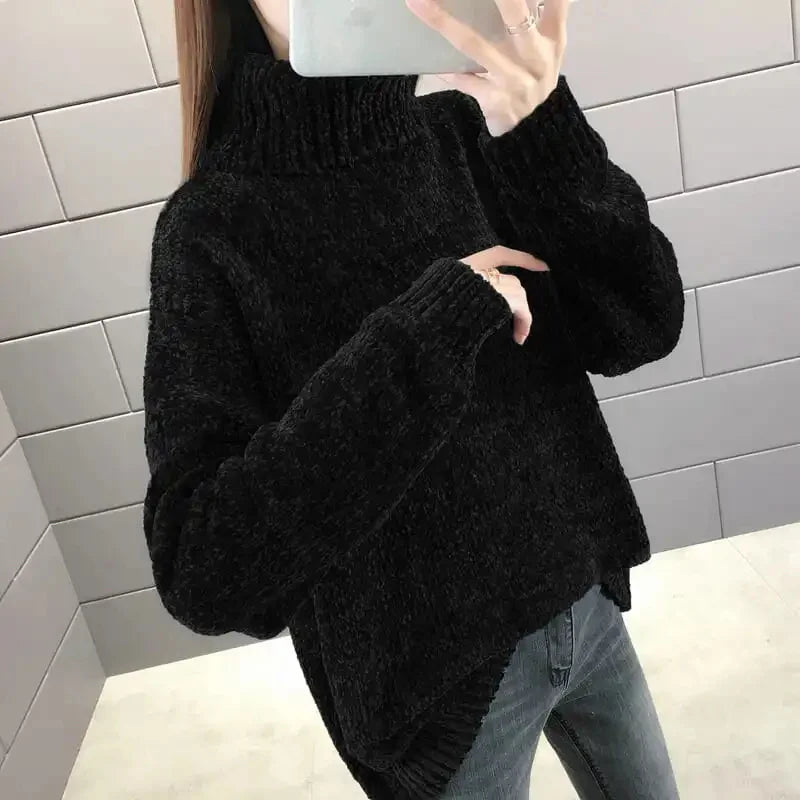 Chenille Turtleneck Sweater Women's Autumn Winter 2026 New Loose Elastic Thick Knitted Sweaters Solid Female Warm Base Shirt