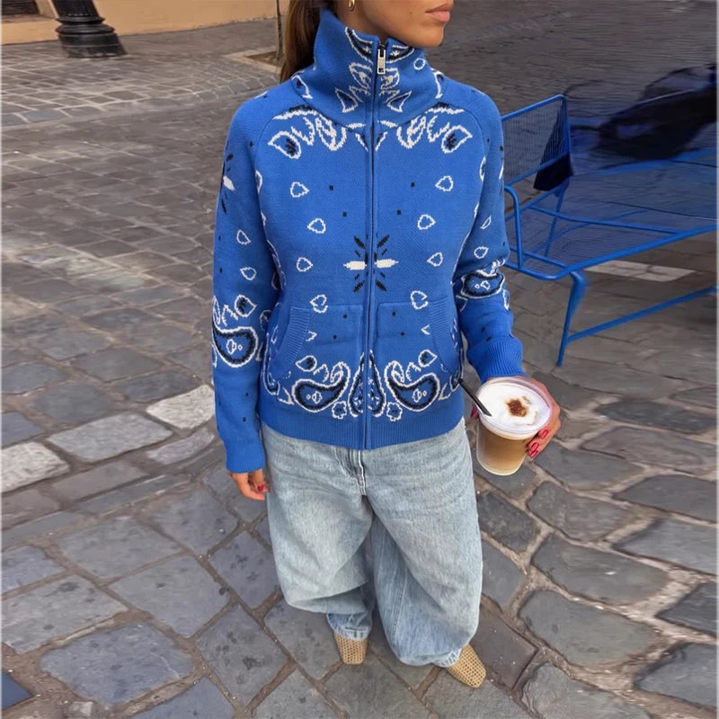 Fashion Knit Printed Sweater Women's Stand Collar Long Sleeve Zippers Vintage Style Cardigan 2026 Autumn New Lady Casual Top ﻿