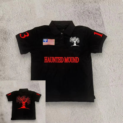 Haunted Mound Polo Shirt America Retro Street Hip Hop Short Sleeve Shirt Y2k Men Casual Embroidery Cotton Top Baseball Clothing