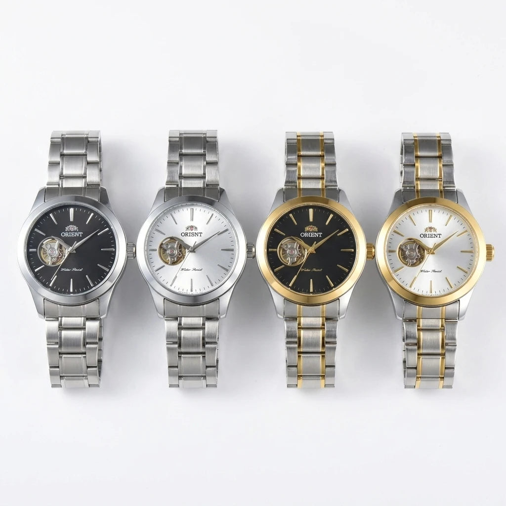 Orient Men Open Heart Skeleton Automatic Watch Luminous Two-tone Stainless Steel Business Dress Wristwatch