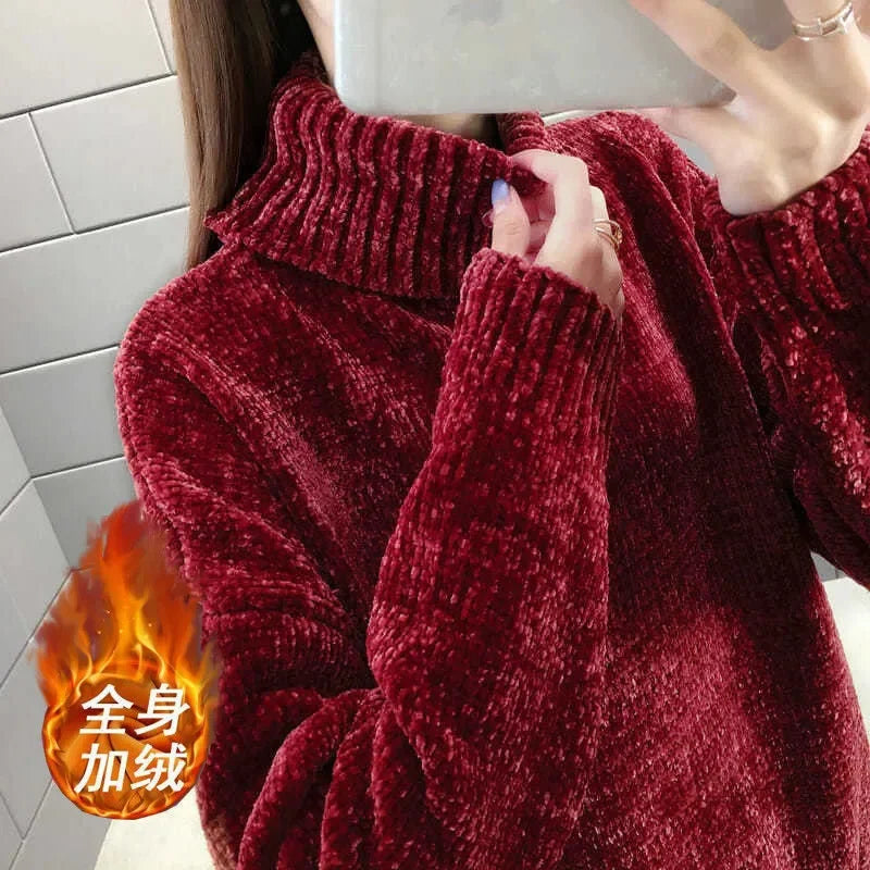 Chenille Turtleneck Sweater Women's Autumn Winter 2026 New Loose Elastic Thick Knitted Sweaters Solid Female Warm Base Shirt