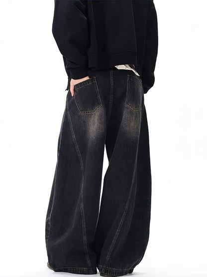 Vintage Black Washed Baggy Jeans Pants Men Wide Leg Curved Blade Pants Streetwear Cowboy Casual Denim Straight Trousers