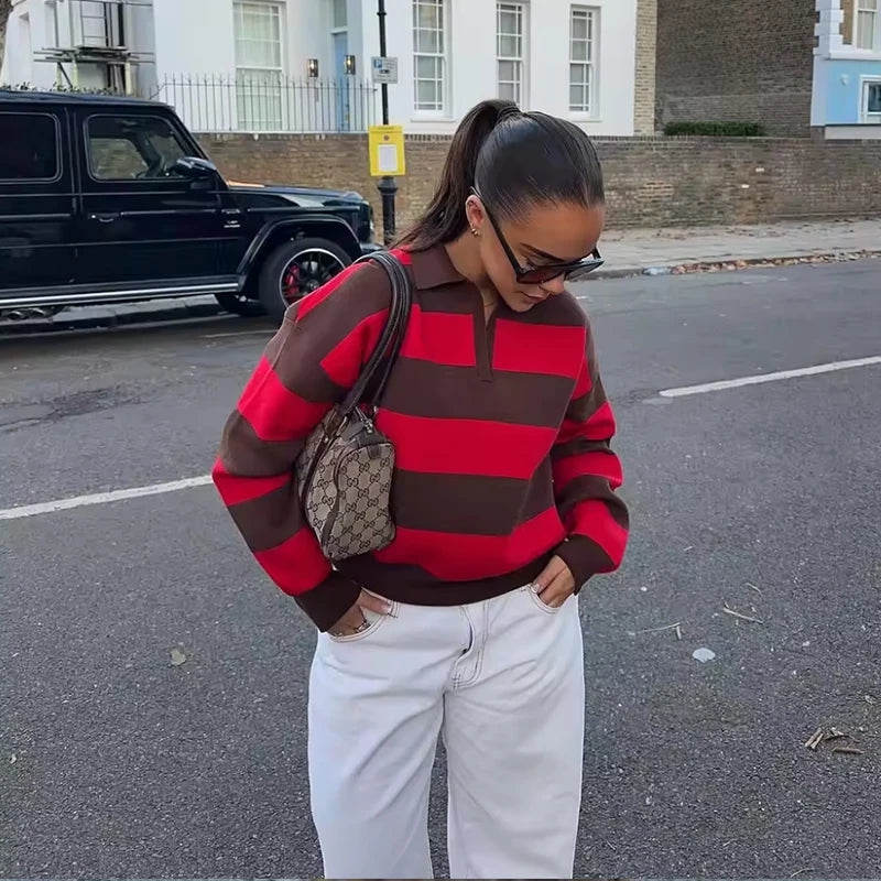 Autumn Women's 2026 New Knitted Striped Sweater Polo Neck Pullover Autumn Fashion Loose Elegant Warm Young Women Sweater Street