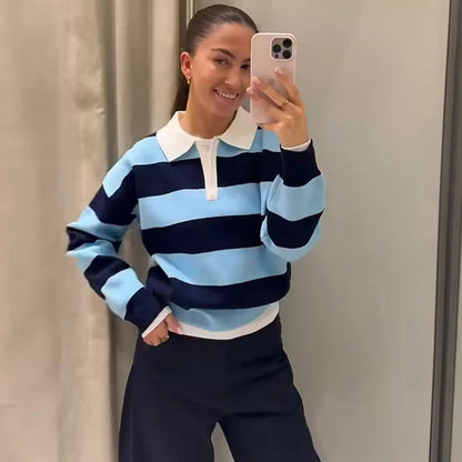 Autumn Women's 2026 New Knitted Striped Sweater Polo Neck Pullover Autumn Fashion Loose Elegant Warm Young Women Sweater Street