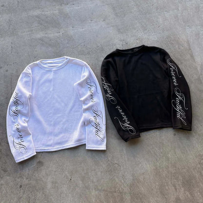 Spring American Retro Y2K Long Sleeve T-Shirt Casual Round Neck Lightweight Breathable Top Letter Print Streetwear