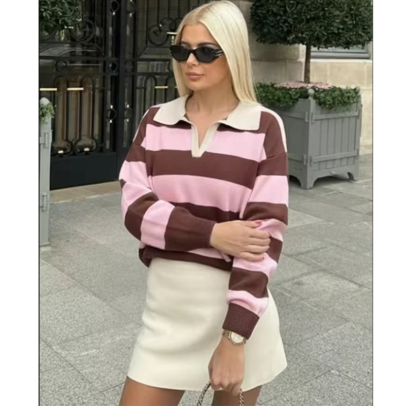 Autumn Women's 2026 New Knitted Striped Sweater Polo Neck Pullover Autumn Fashion Loose Elegant Warm Young Women Sweater Street