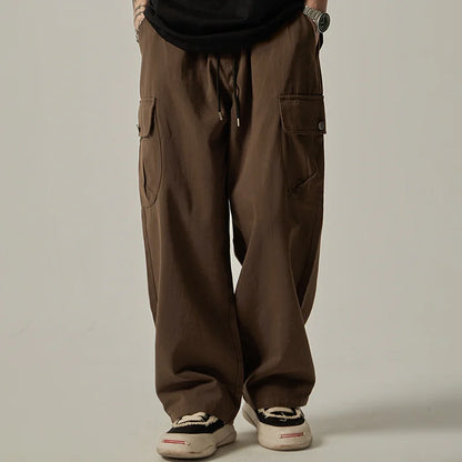 Men's Sweatpants 2025 Spring Autumn Vintage Japanese Wide Leg Straight Loose Button Big Pockets Cargo Pants Drawstring Trousers