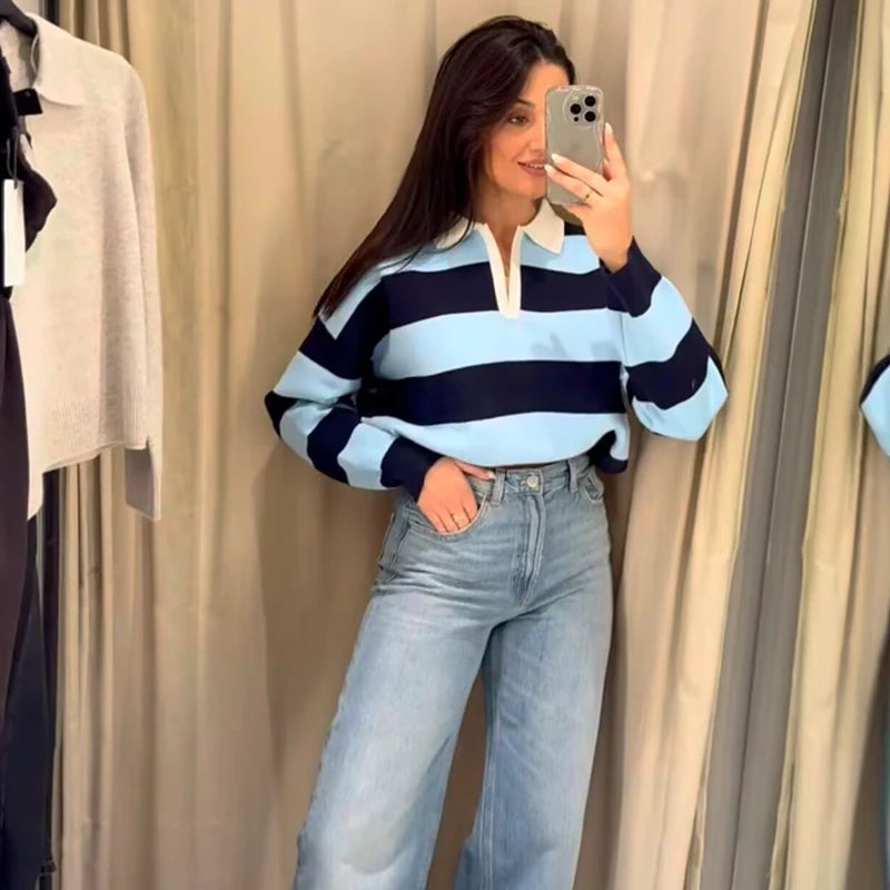 Autumn Women's 2026 New Knitted Striped Sweater Polo Neck Pullover Autumn Fashion Loose Elegant Warm Young Women Sweater Street