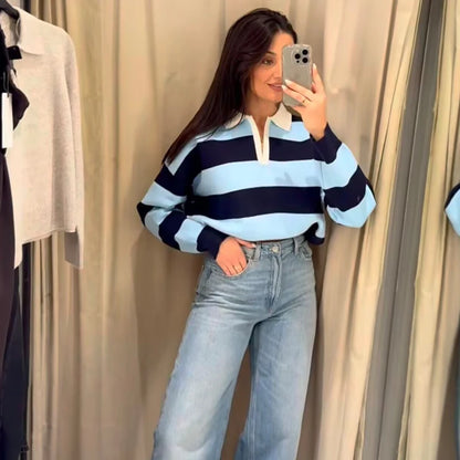 Autumn Women's 2026 New Knitted Striped Sweater Polo Neck Pullover Autumn Fashion Loose Elegant Warm Young Women Sweater Street