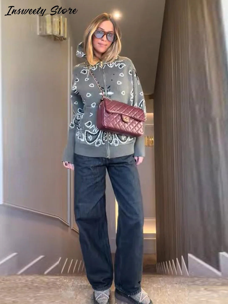 Fashion Knit Printed Sweater Women's Stand Collar Long Sleeve Zippers Vintage Style Cardigan 2026 Autumn New Lady Casual Top ﻿
