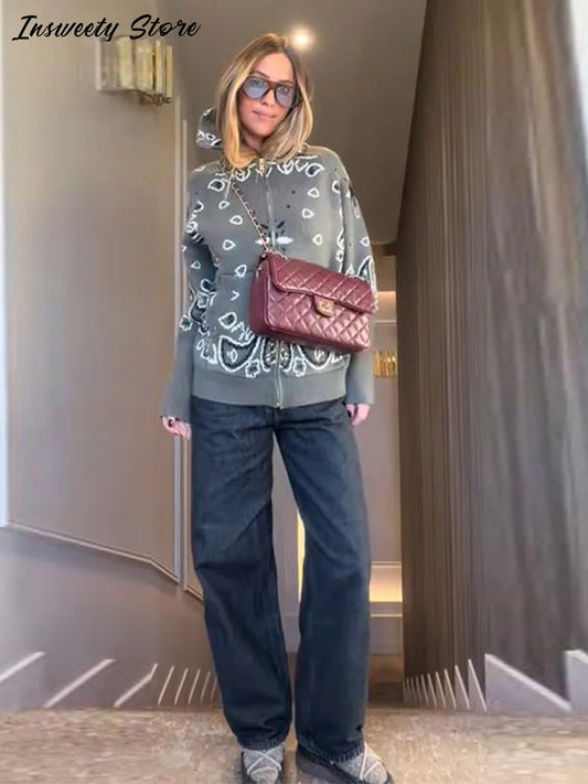 Fashion Knit Printed Sweater Women's Stand Collar Long Sleeve Zippers Vintage Style Cardigan 2026 Autumn New Lady Casual Top ﻿