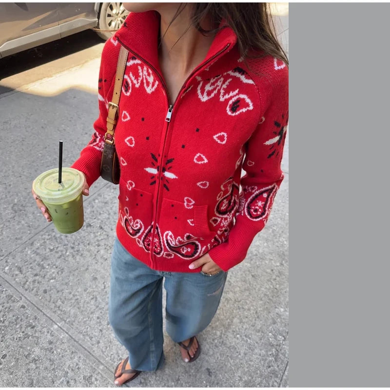 Fashion Knit Printed Sweater Women's Stand Collar Long Sleeve Zippers Vintage Style Cardigan 2026 Autumn New Lady Casual Top ﻿