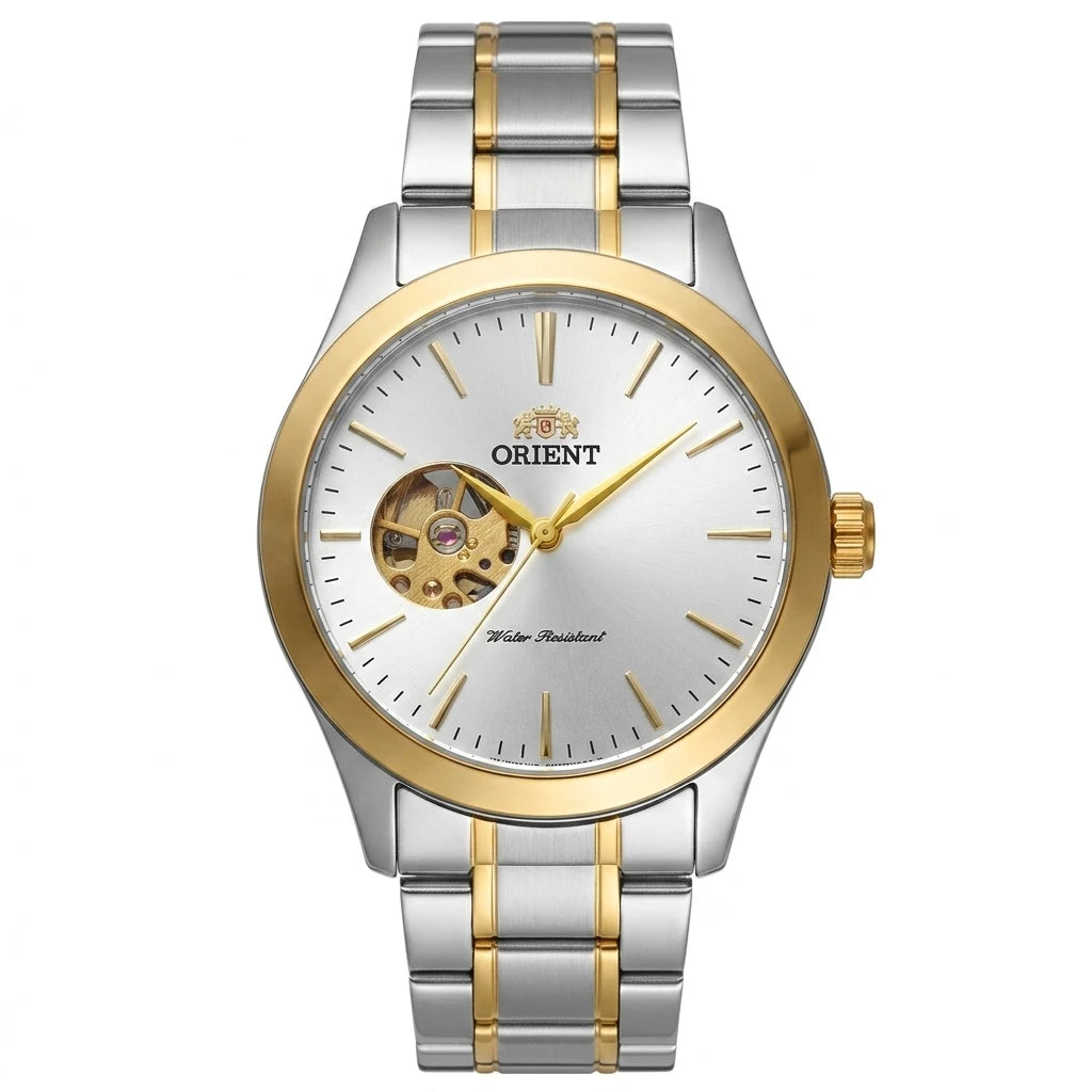 Orient Men Open Heart Skeleton Automatic Watch Luminous Two-tone Stainless Steel Business Dress Wristwatch