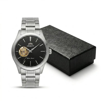 Orient Men Open Heart Skeleton Automatic Watch Luminous Two-tone Stainless Steel Business Dress Wristwatch