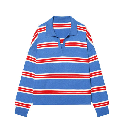 Autumn Women's 2026 New Knitted Striped Sweater Polo Neck Pullover Autumn Fashion Loose Elegant Warm Young Women Sweater Street