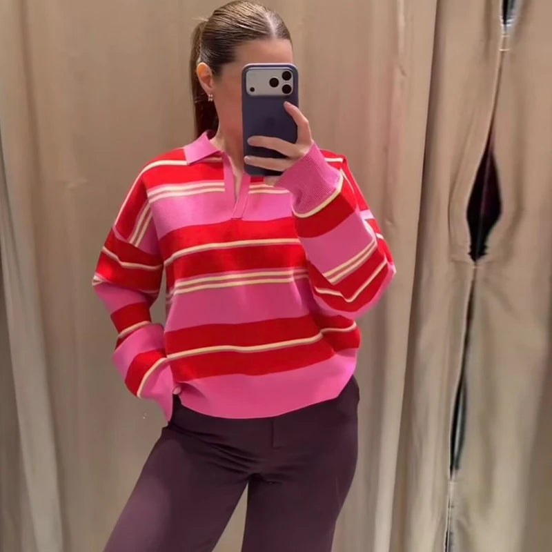 Autumn Women's 2026 New Knitted Striped Sweater Polo Neck Pullover Autumn Fashion Loose Elegant Warm Young Women Sweater Street