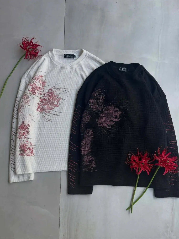 Fashionable Classics Round Neck Long Sleeved Versatile Loose T-shirt Y2K Streetwear Retro Personalized Creative Waffle Print Top
