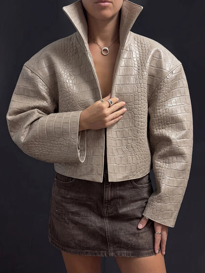 Fashion Solid Women's Jacket Stand Collar Zip Short Oversize Long Sleeves Loose Chic Top 2026 Autumn New High Street Daily Wear