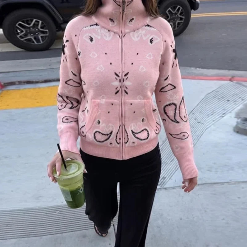 Fashion Knit Printed Sweater Women's Stand Collar Long Sleeve Zippers Vintage Style Cardigan 2026 Autumn New Lady Casual Top ﻿