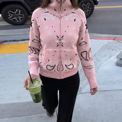Fashion Knit Printed Sweater Women's Stand Collar Long Sleeve Zippers Vintage Style Cardigan 2026 Autumn New Lady Casual Top ﻿