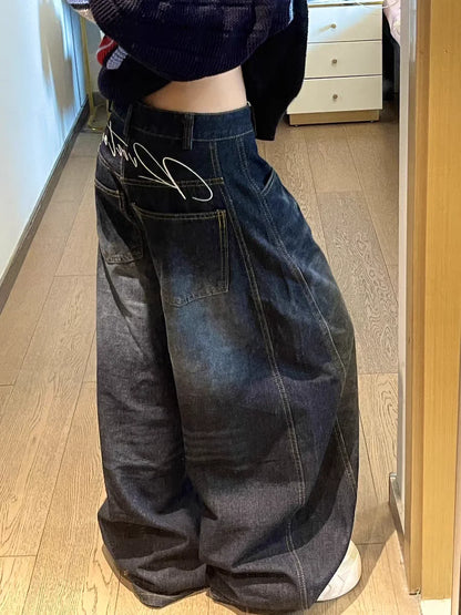 Casual Womens Y2K Loose Baggy Jeans Blue Washed High Street Vintage Cargo Pants Wide Leg Oversized Trousers Y2K Pants