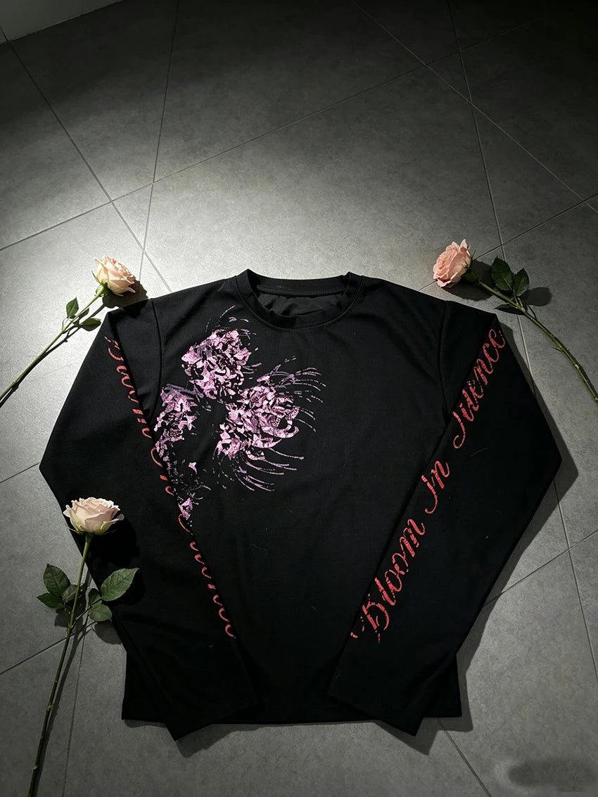 Fashionable Classics Round Neck Long Sleeved Versatile Loose T-shirt Y2K Streetwear Retro Personalized Creative Waffle Print Top